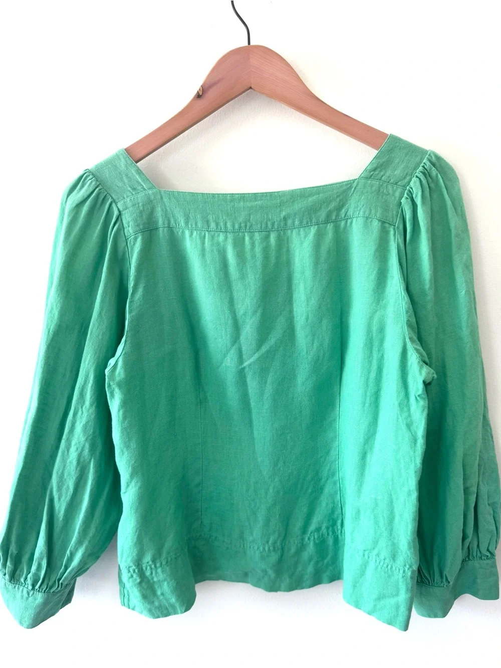 J.Crew 100% Linen Square Neck Button Front Puff Sleeve Blouse Green